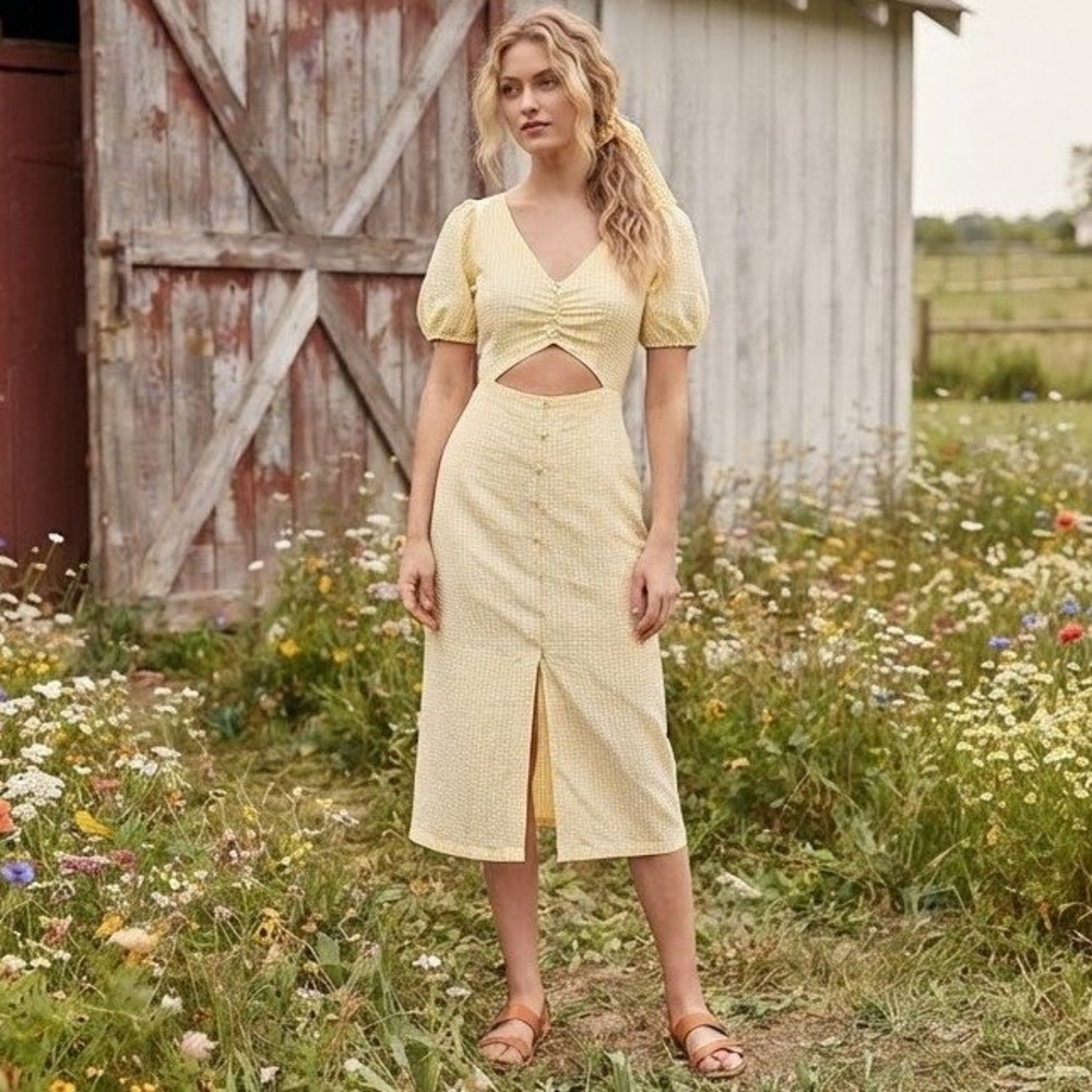 Gingham Cutout Midi Dress Small Yellow Seersucker Puff Sleeve Farmhouse Prairie